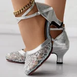 Women's Gold Silver Lace Ballroom Dance Shoes with Ankle Strap and Mid Heel for Latin and Salsa Dancing - Image 5