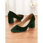Women's Elegant Green Velvet Block Heel Pumps - Pointed Toe Dress Shoes for Office, Parties, and Formal Events - Image 2