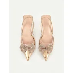 Women's Gold Quilted Slingback Heels with Bow Detail - Luxurious Pointed-Toe Design for Elegant Evening Wear - Image 6