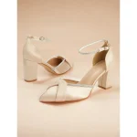 Champagne Satin Block Heel Ankle Strap Shoes with Rhinestone Detailing – Elegant Women's Wedding and Evening Heels - Image 3