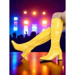 Women's Silver Patent Faux Leather Knee-High Boots with Block Heels, 1980s Retro Go-Go Style Fashion Boots for Parties, Dance Performances & Night Out - Image 4