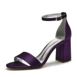 Women's Purple Satin Block Heel Wedding Shoes - Elegant Ankle Strap Open-Toe Bridal Sandals for Formal Events and Parties