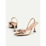Women's Gold Quilted Slingback Heels with Bow Detail - Luxurious Pointed-Toe Design for Elegant Evening Wear - Image 3