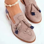 Women's Taupe Suede Tassel Loafers, Two - Tone Perforated Casual Flats for Everyday Comfort - Image 5