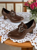 Women's Green Victorian Buckle Heeled Shoes – Retro 1900s Edwardian Style Mid-Heel Pumps with Pointed Toe, Elegant Vintage Footwear for Cosplay, Tea Parties, and Formal Occasions