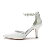 Women's Silver Satin Pointed-Toe Wedding Heels – Rhinestone Embellished Ankle Strap and Elegant Mid Heel - Image 3