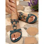 Women's Bohemian Floral Beaded Flat Sandals – Ethnic Style Slip-On Gladiator Sandals for Beach Trips and Summer Vacations - Image 4