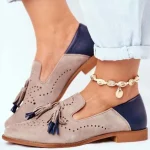 Women's Taupe Suede Tassel Loafers, Two - Tone Perforated Casual Flats for Everyday Comfort - Image 2