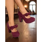 Women's Burgundy Mary Jane Platform Heels with Bows – 1950s Retro Chunky High Heel Shoes for Parties, Cosplay, and Vintage-Inspired Outfits - Image 2