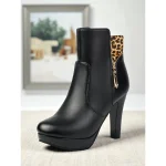 Women's Black High Heel Ankle Boots with Leopard Print Cuff and Side Zipper, Elegant Platform Booties for Parties, Nightclub & Casual Chic Outfits