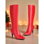 Women's Red Knee High Stiletto Heel Boots - Faux Leather Pointed Toe Party Footwear for Nightlife & Christmas Holiday Celebrations - Image 3